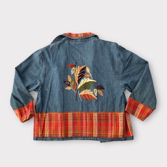 Vintage 90s Keren Hart Fall Autumn Leaf Embroidered Denim Button Down Orange M - Picture 2 of 10